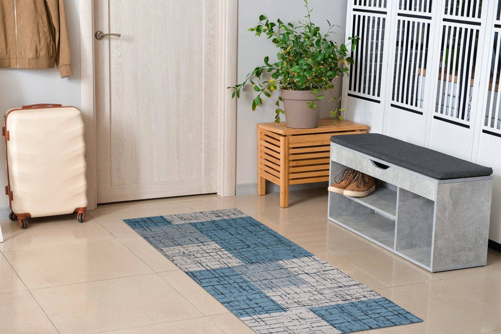 Tappeto Arredo Moderno Morbido in Ciniglia Ingresso Antiscivolo Prodotto Italiano  Soggiorno Camera Salotto Disegni Piazzati Cotone Varie Misure Grande Mondrian/Azzurro - 65x175 cm