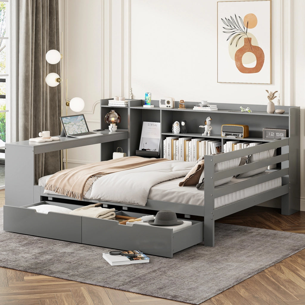 Divano Letto in Legno Massello 140x200 cm con Scrivania, Libreria, Ripiani e Presa di Corrente, Grigio