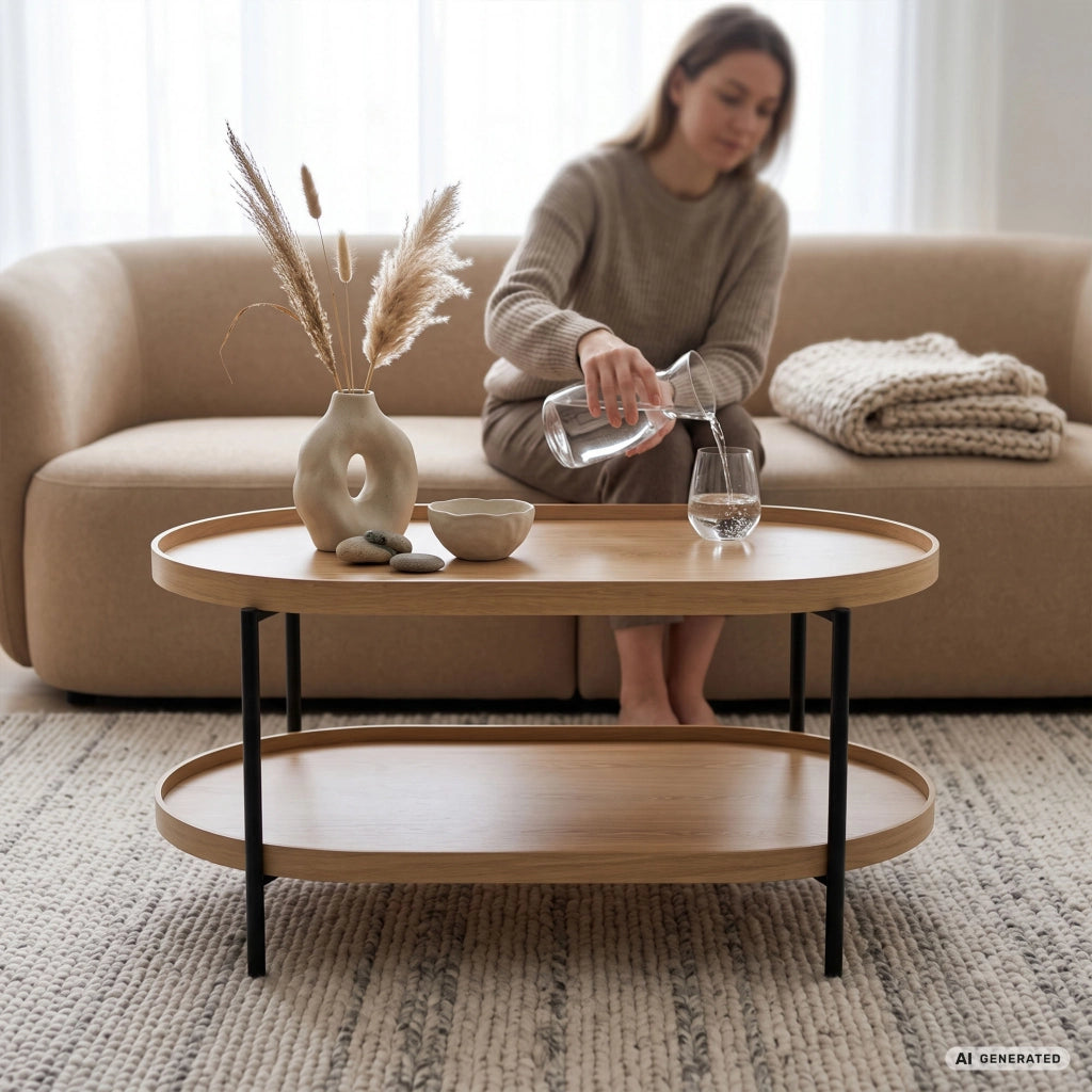 Tavolino da salotto stile loft CORTADO 90 cm ovale con ripiano legno naturale gambe nere