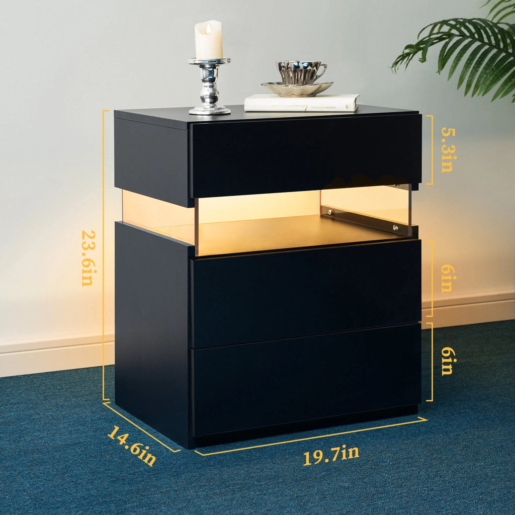 Comodino con 3 cassetti e pannello in acrilico, luce LED integrata, per camera da letto e soggiorno, nero
