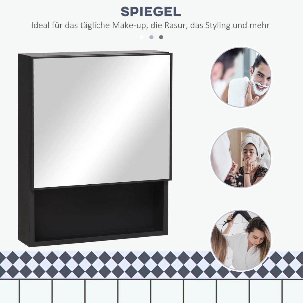 Mobiletto a parete in acciaio inox con specchio, dotato di 2 ripiani interni e ripiano a giorno in vetro, per bagno, dimensioni 46x13,5x58 cm.