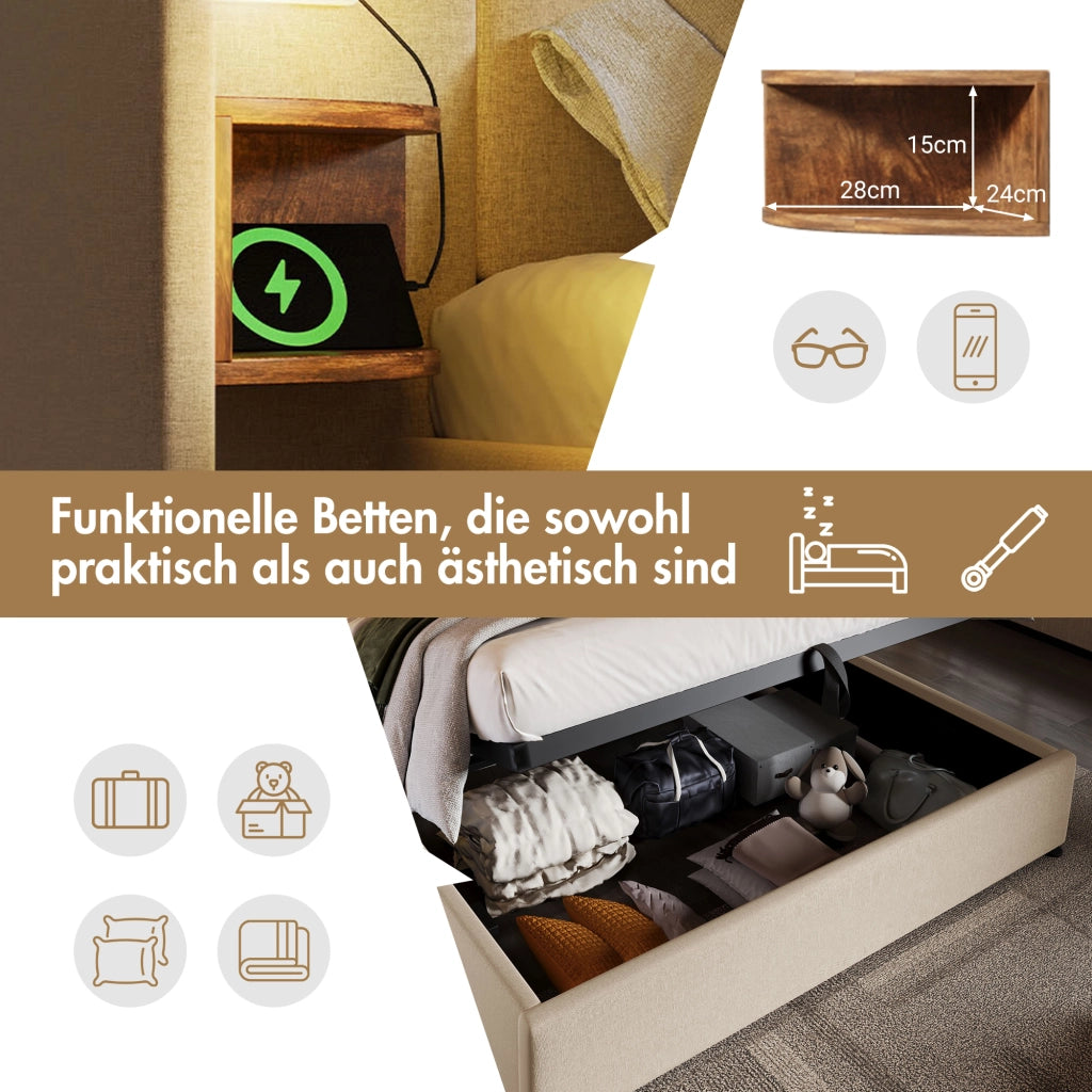 Letto contenitore 180 × 200 cm con testiera imbottita mensola lampada da lettura USB Type C lino beige