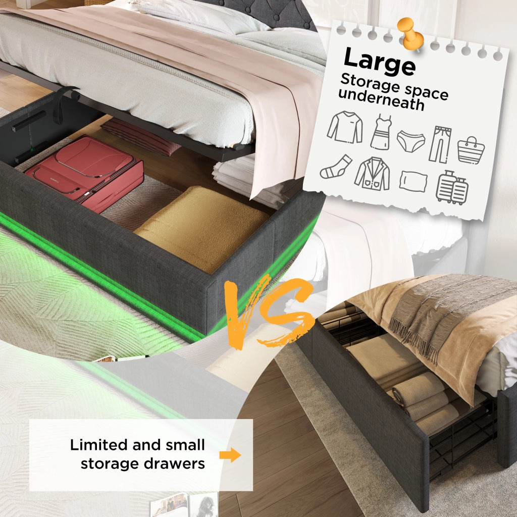 Letto matrimoniale contenitore 140 × 200 cm in lino grigio con LED 360 gradi e testiera USB Type-C