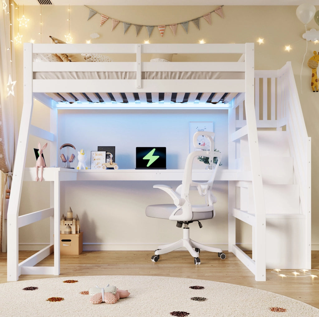 Letto a soppalco in legno 90x200 cm con scrivania; scala con contenitore e LED; bianco