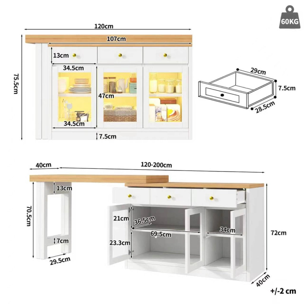 Isola da cucina allungabile con LED RGB; 3 cassetti e ante in vetro; piano in MDF bianco 120-200 × 40 × 75.5 cm