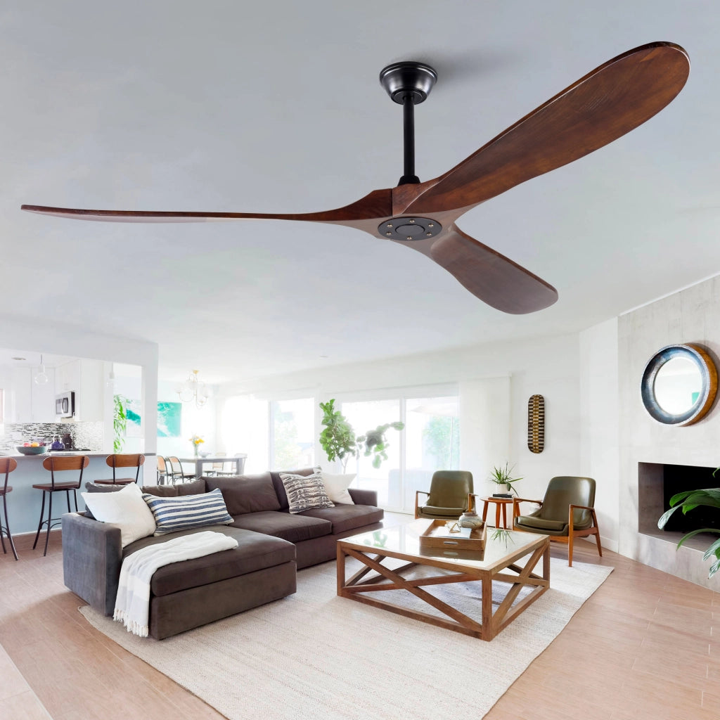 Ventilatore da soffitto senza luce in metallo e legno; nero e noce scuro; con telecomando