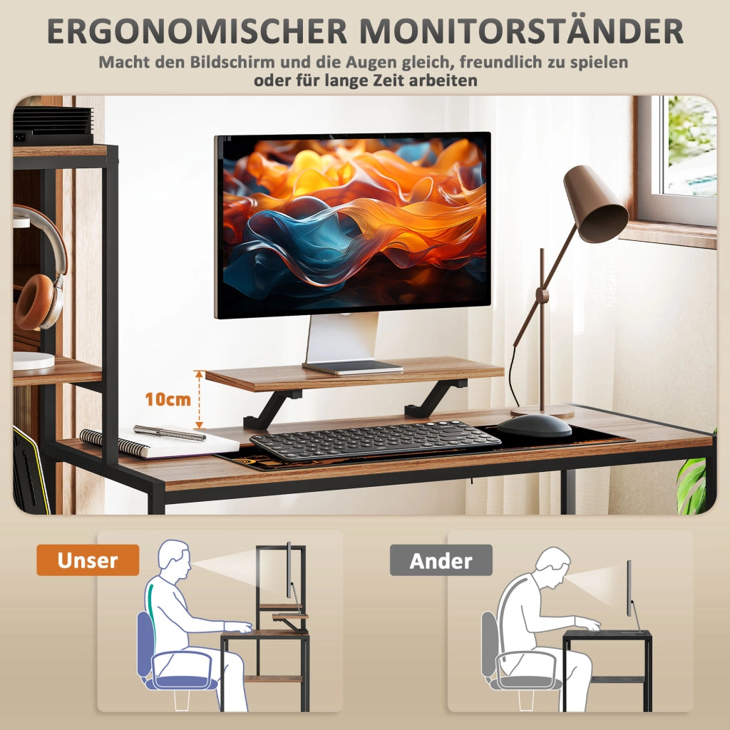 Scrivania per computer con supporto monitor, supporto CPU, scrivania da ufficio con ripiano per stampante, scrivania PC con 4 ripiani, design moderno per home office, 150 x 48 x 125 cm, marrone