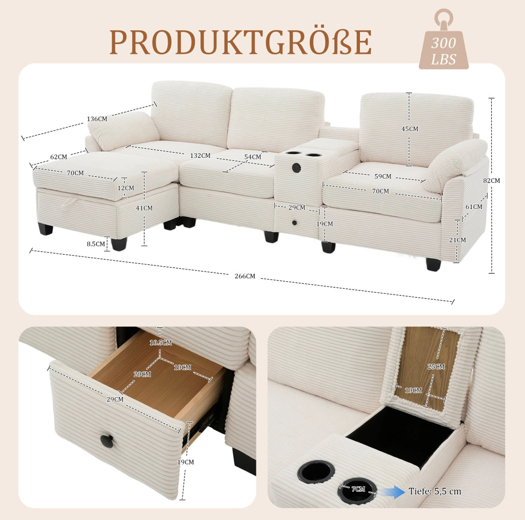 Divano beige in velluto a coste con console scorrevole; USB-C e pouf contenitore – 266 × 136 × 82 cm