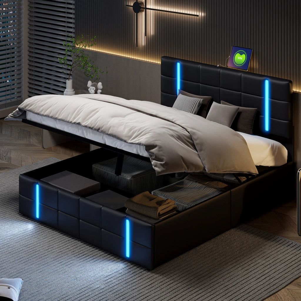 Letto contenitore 140x200 cm nero in ecopelle, luci LED RGB, porte USB‑C, meccanismo idraulico, design moderno camera da letto