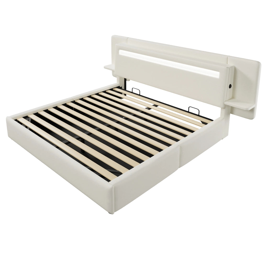 Letto Matrimoniale Imbottito con Contenitore Idraulico Comodino LED e USB 180 x 200 cm Beige - senza Materasso