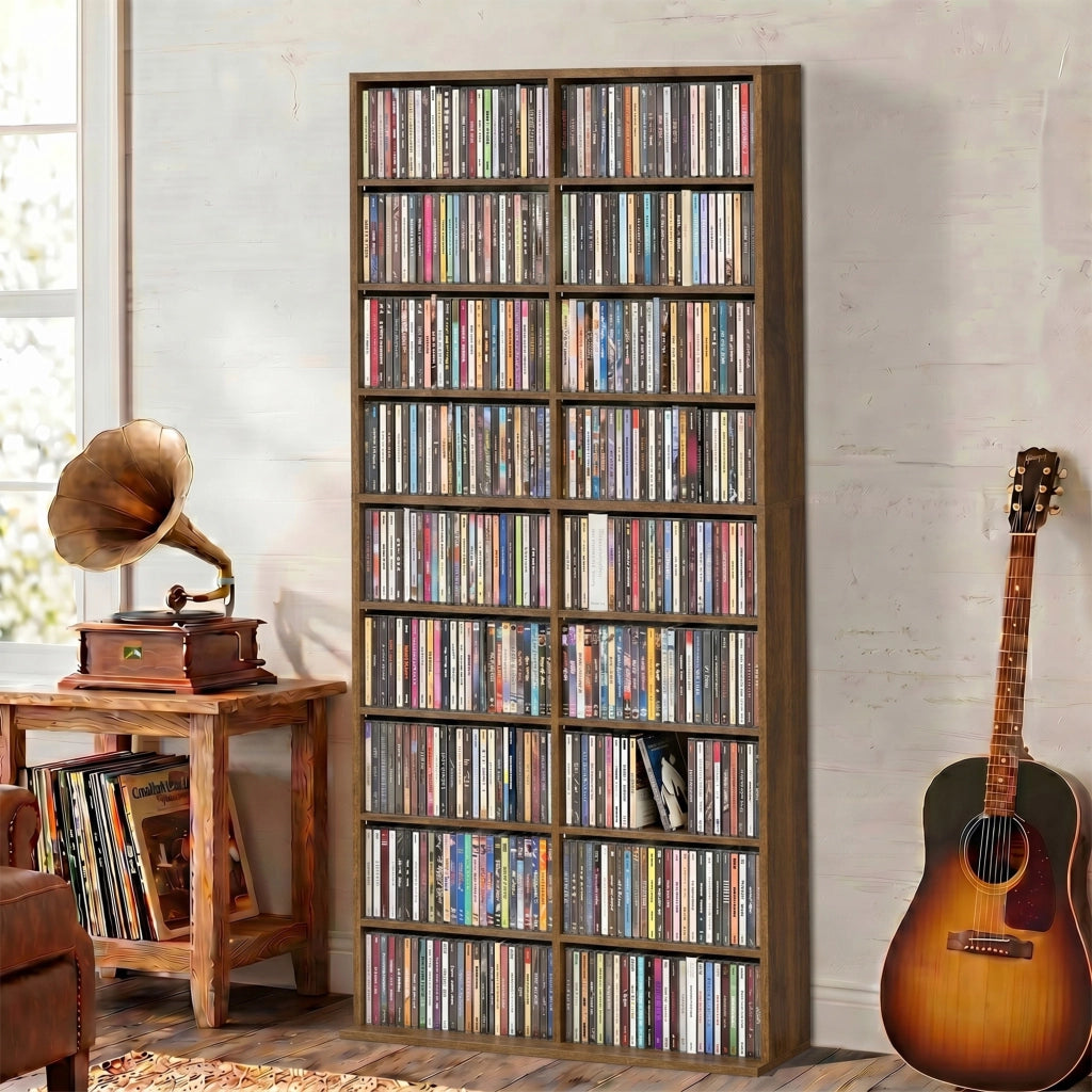 Scaffale porta CD e DVD in pannello truciolare; noce scuro; 18 scomparti; ripiani regolabili; 78;5 x 24 x 175 cm