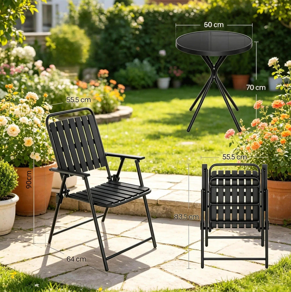 Set Mobili da Giardino 3 Pezzi in Metallo Nero con Tavolo in Vetro Temperato e 2 Sedie Pieghevoli
