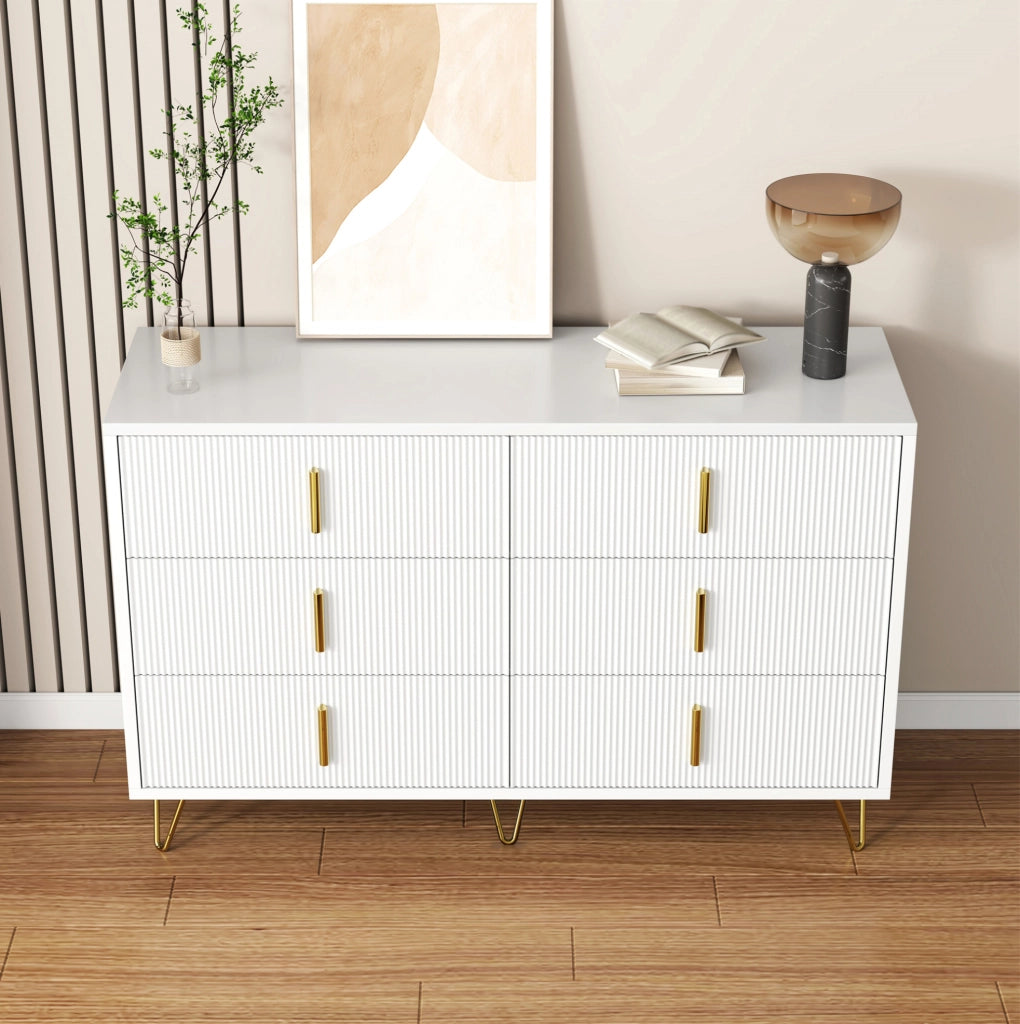 Sideboard bianco con piedini dorati, 120x77x40 cm con sei cassetti e design moderno