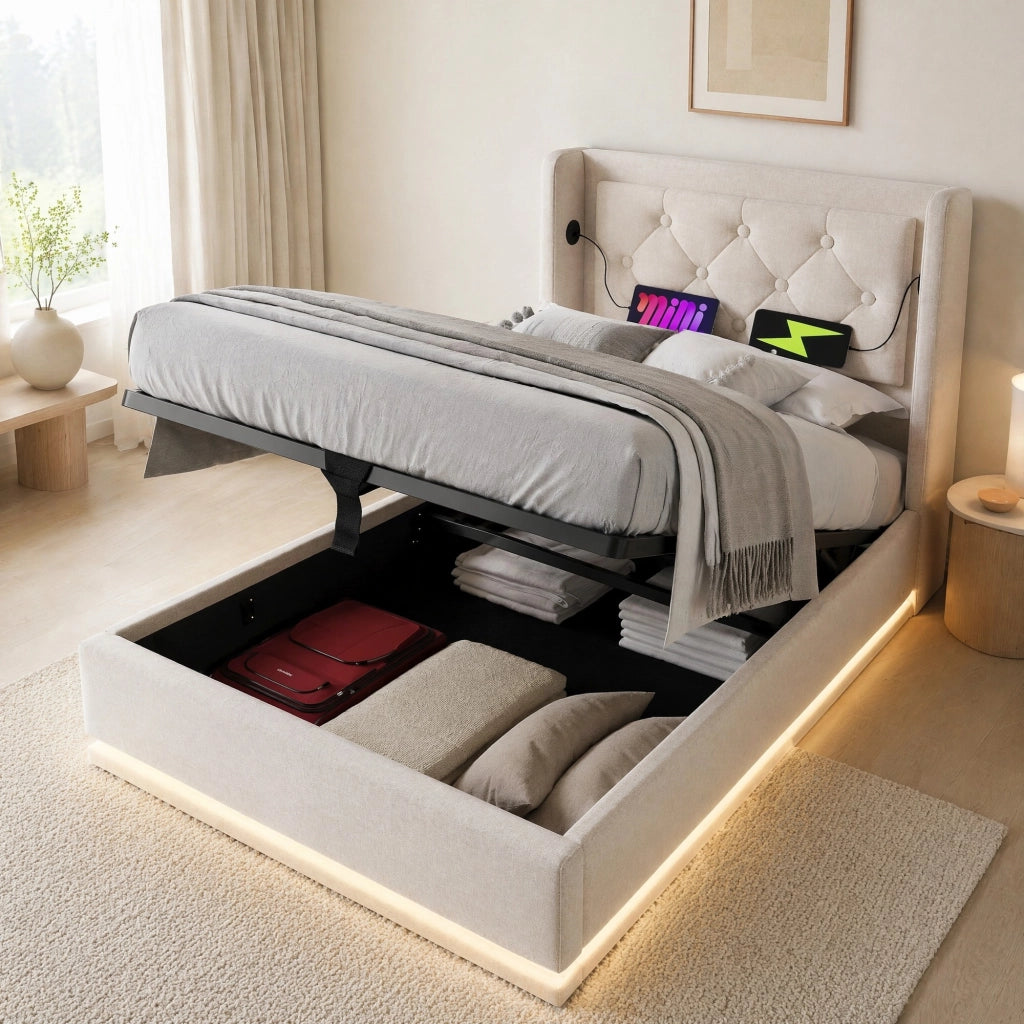 Letto contenitore 90 × 200 cm imbottito in cotone beige con testiera USB Type-C e LED su tre lati