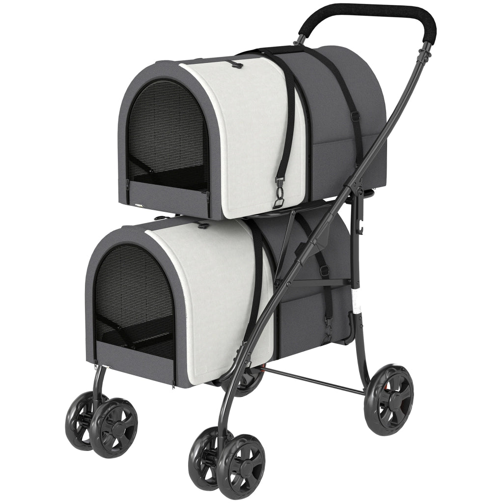Passeggino Doppio per Cani e Gatti Pieghevole ¨C Xylo ¨C 2 Trasportini Rimovibili 66x50x98cm Grigio Scuro
