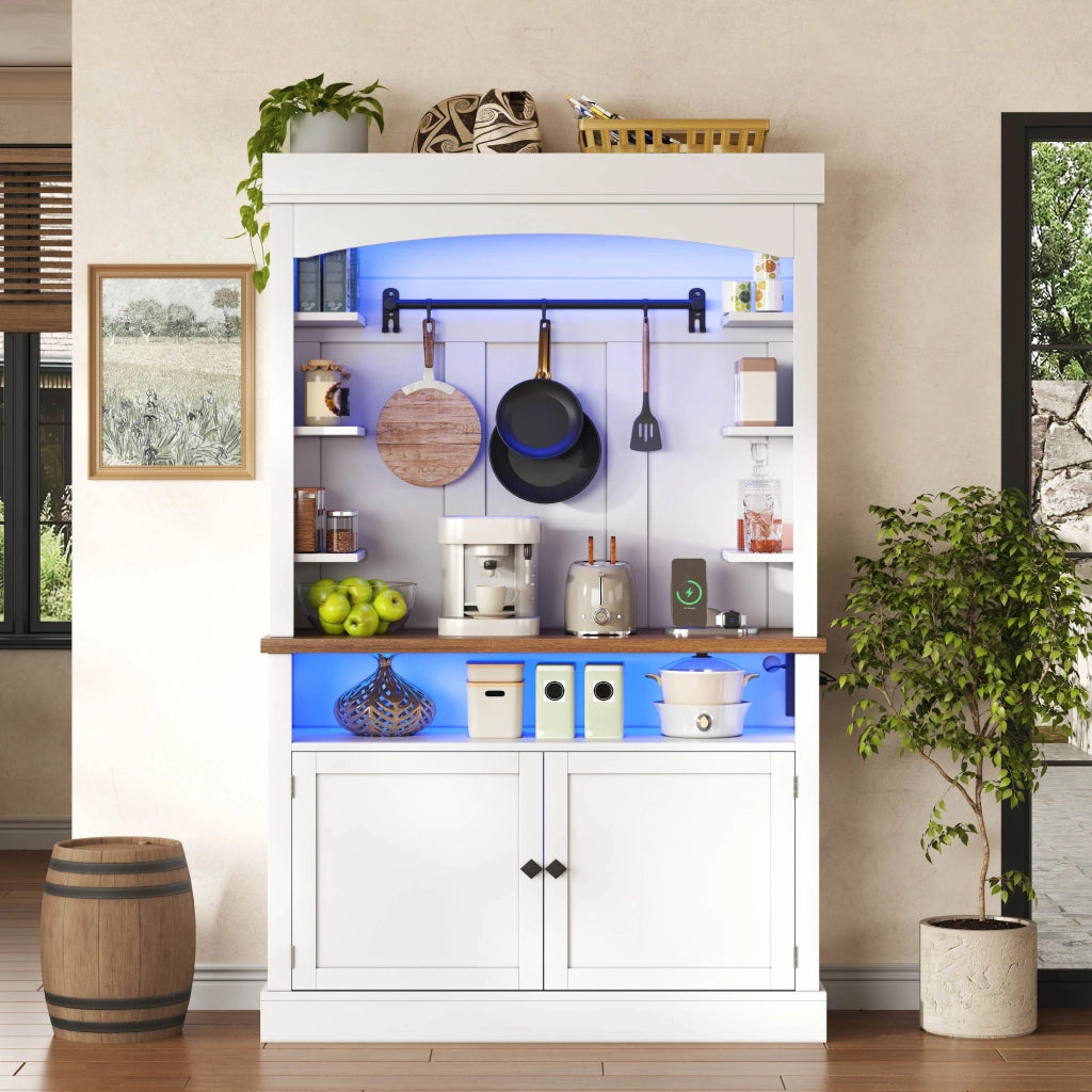 Credenza da cucina alta con ripiani aperti, ganci, LED e prese laterali per cucina, MDF bianco, 106 × 43 × 183 cm
