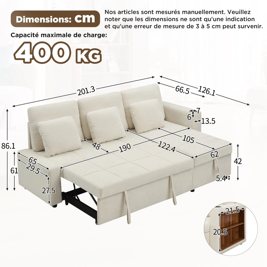 Divano letto 3 posti estraibile con vano contenitore, portabicchieri e ripiano in ciniglia beige chiaro