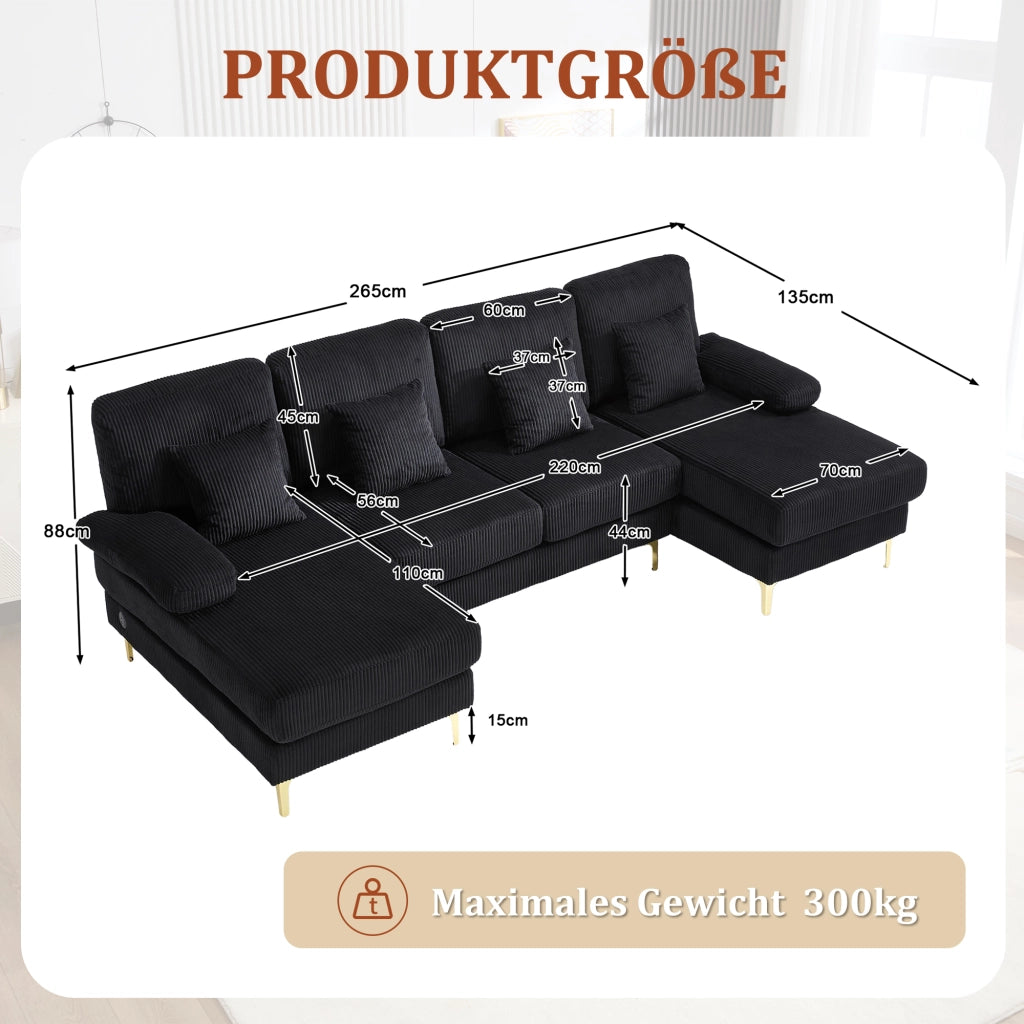 Divano a U con LED e porta USB; 265x135x88 cm; in velluto nero