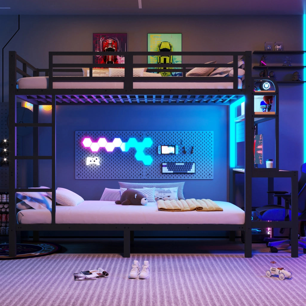 Letto a castello 90 × 200 cm 1 posto con scrivania; mensole; LED e USB; senza materasso; in metallo nero