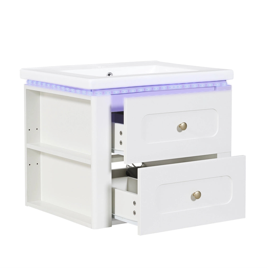 Mobile bagno sospeso 61 cm con lavabo in ceramica, LED e cassetti bianco