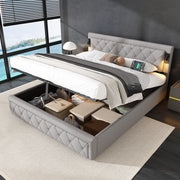 Letto contenitore idraulico imbottito in lino grigio con testiera trapuntata LED e porte USB