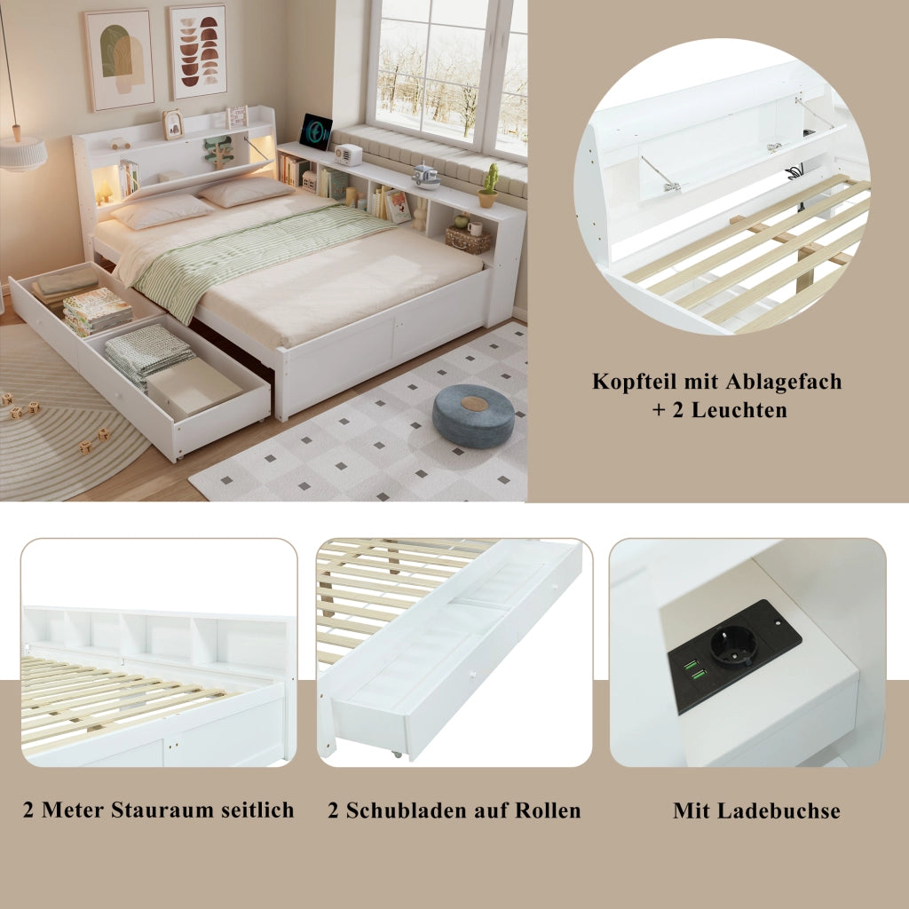 Letto matrimoniale 140x200 cm bianco in pino e MDF con testiera contenitore; luci e ricarica