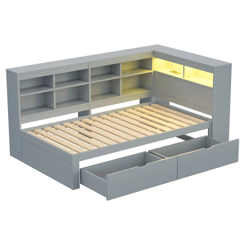 Letto Singolo in Legno Massello con Contenitore, LED e USB ¨C MINIMAL ¨C Grigio 90x200