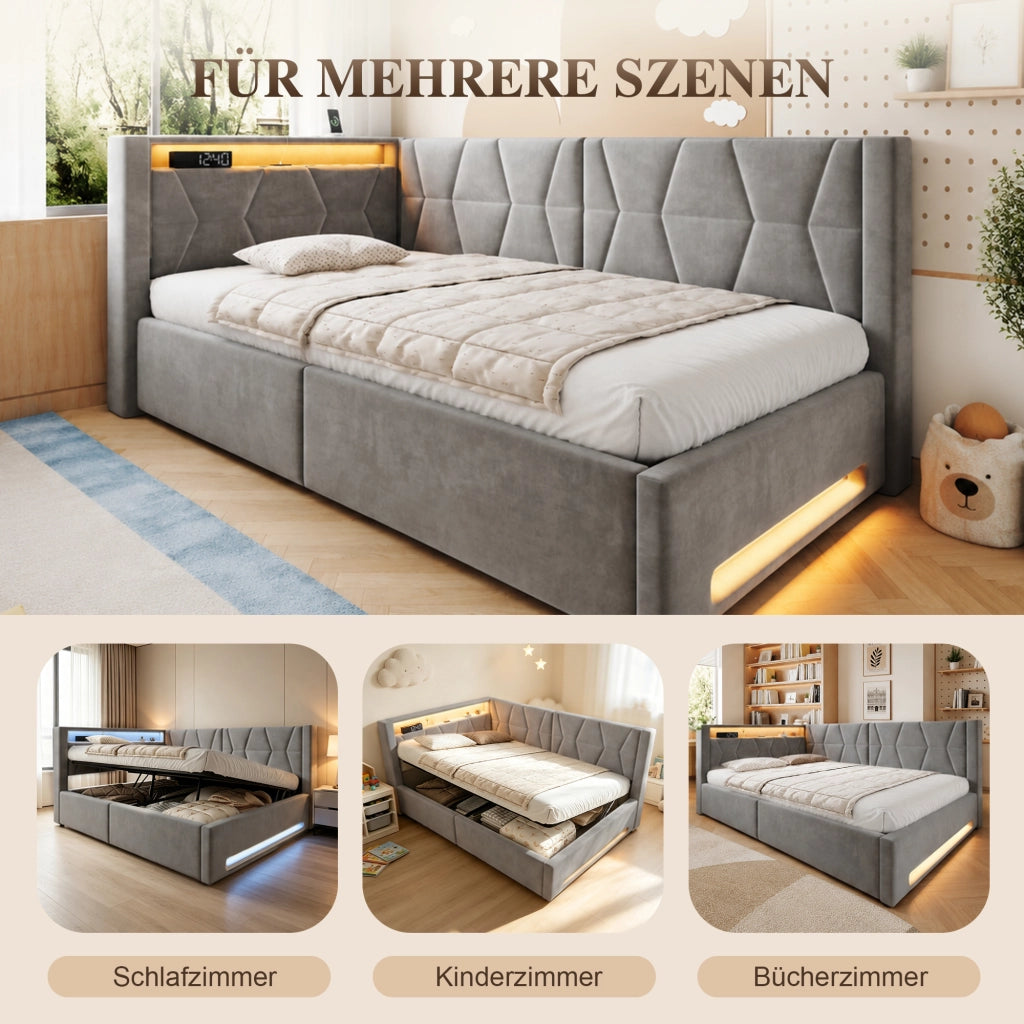 Letto singolo con contenitore 90 × 200 cm imbottito in velluto con LED USB Type-C e rete a doghe inclusa