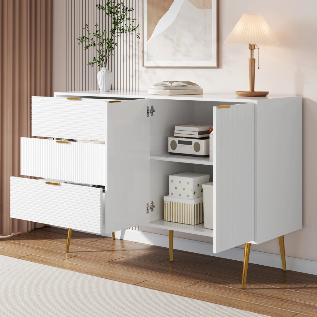 Credenza e madia con 2 ante, 3 cassetti e ripiani interni, stile moderno, in MDF, bianco e oro, 120 × 38 × 80.5 cm