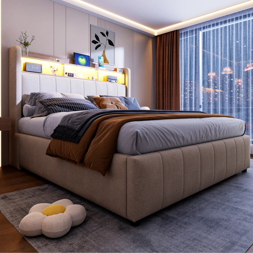 Letto matrimoniale 140 × 200 cm 2 posti con LED; USB; Type-C e contenitore idraulico; senza materasso; beige