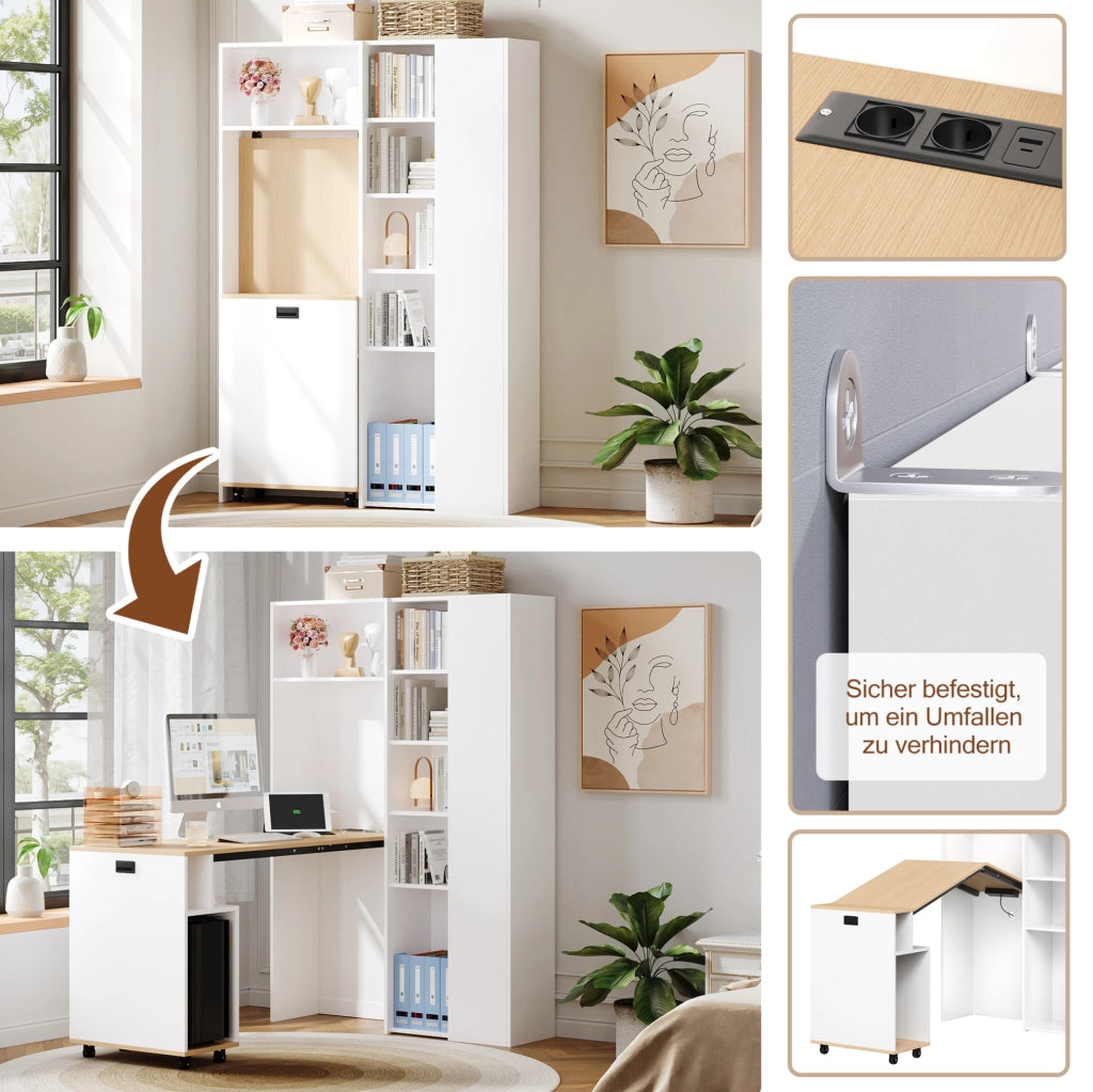 Scrivania pieghevole 2 in 1 con libreria e prese USB