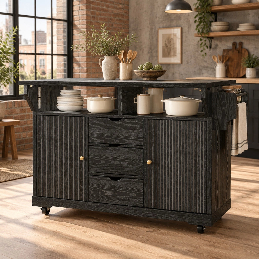 Carrello da cucina con 3 cassetti piani laterali pieghevoli e ripiani regolabili in MDF e metallo nero