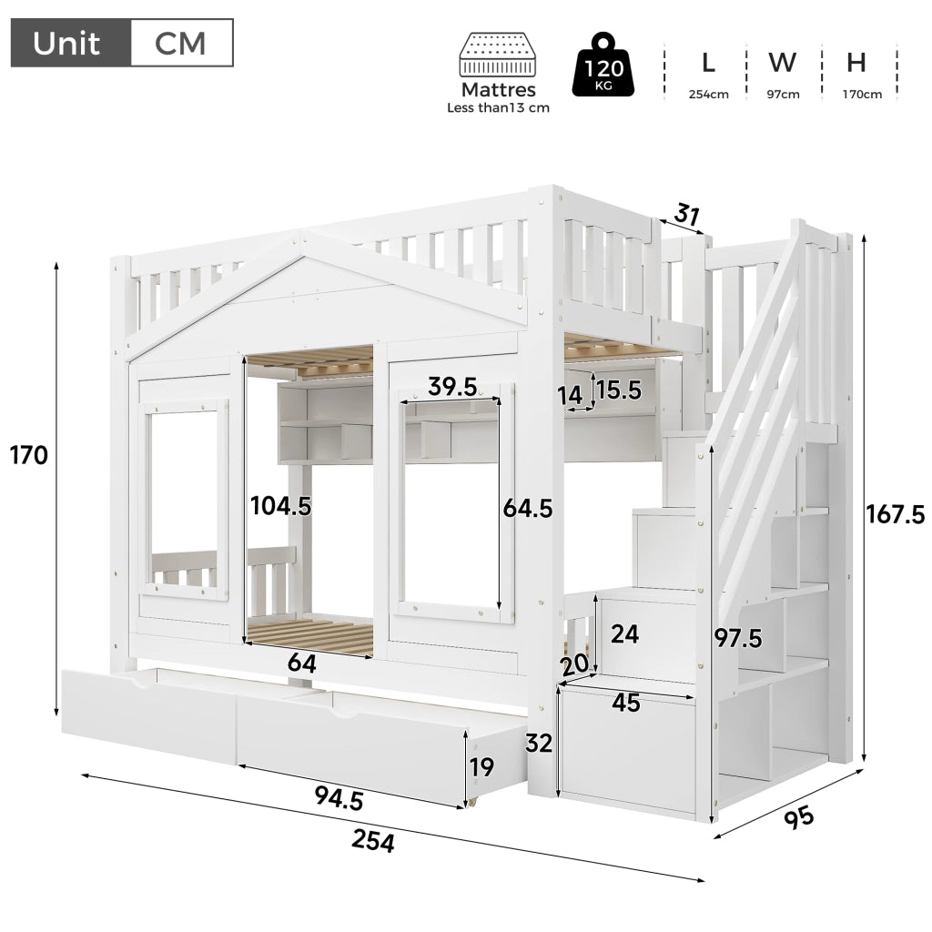 Letto a soppalco per bambini 90 × 200 cm con scala contenitore legno di pino e MDF bianco con cassetto
