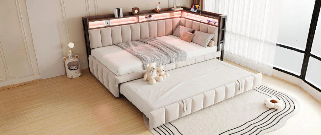 Divano letto ULEVR 90x200 cm con letto estraibile, LED, USB e Type-C, vani portaoggetti, velluto beige