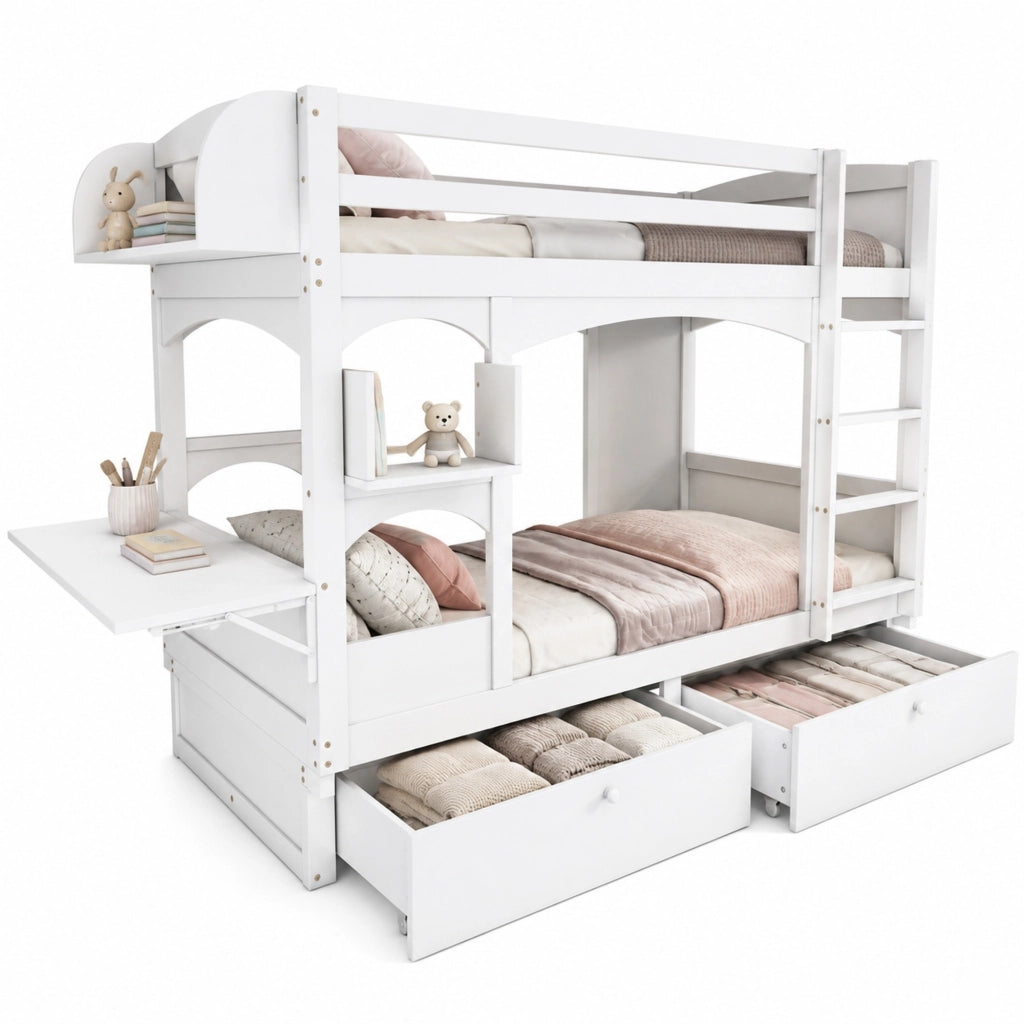 Letto a castello due posti letto 90 × 200 cm con scrivania pieghevole; ripiani; 2 cassetti e scala in legno bianco