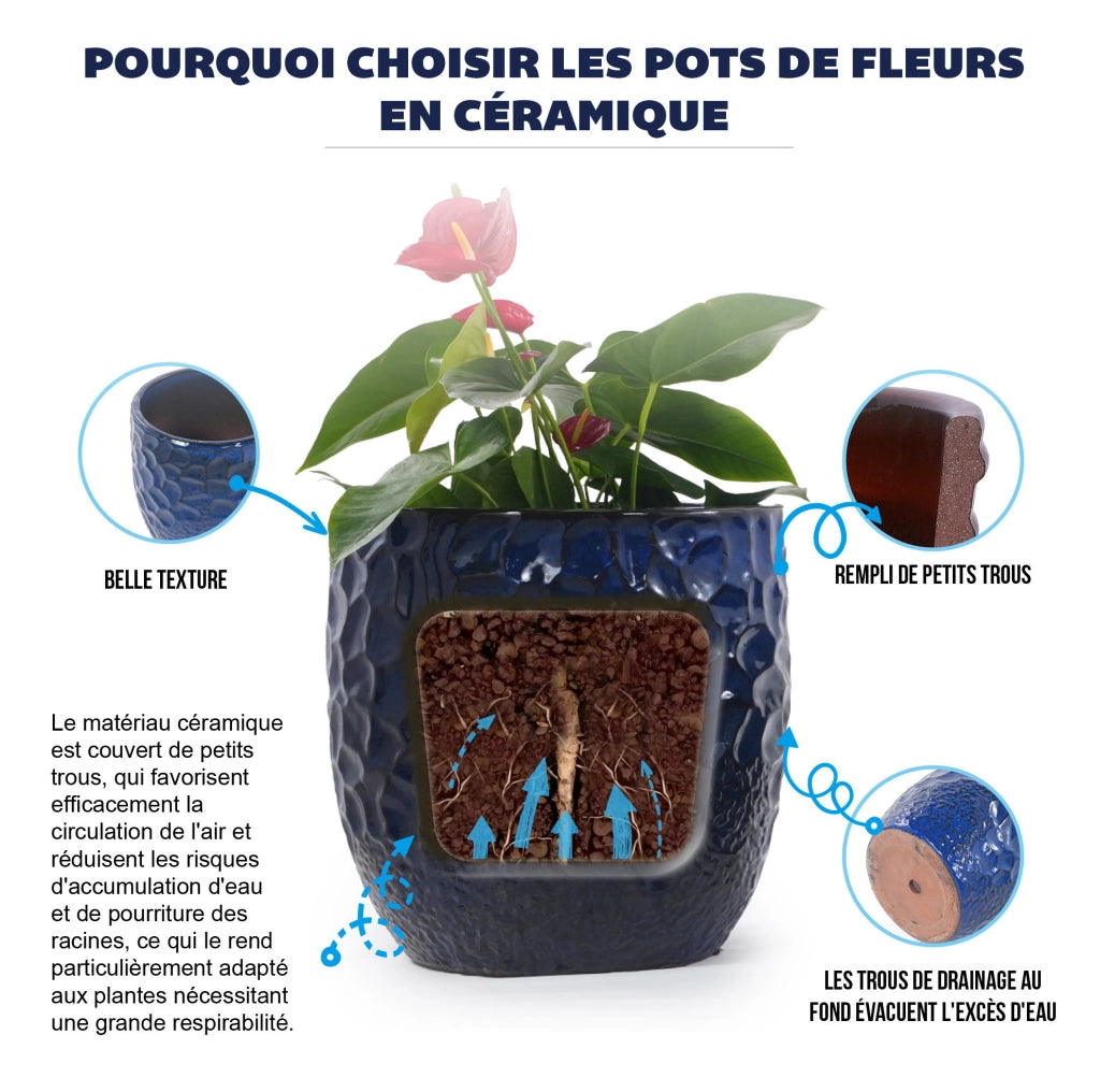 Set di 4 vasi in ceramica artigianali, smaltati blu intenso con rilievo martellato, Ø38/30/22,5/18 cm, con fori di drenaggio, resistenti al gelo per interno e giardino
