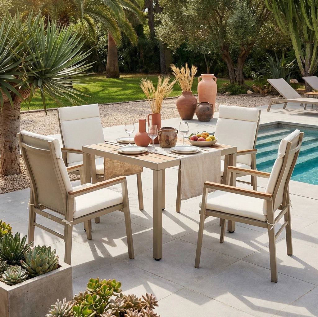 Set di 2 Sedie da Pranzo da Esterno con Braccioli in Legno Plastica e Seduta in Textilene, Struttura in Ferro Zincato, Khaki e Beige