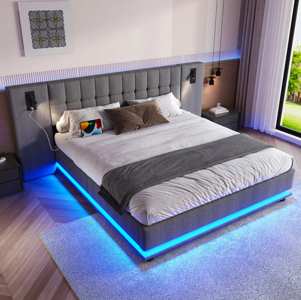 LETTO Imbottito 180x200 cm Grigio con LED, USB e spot, senza materasso
