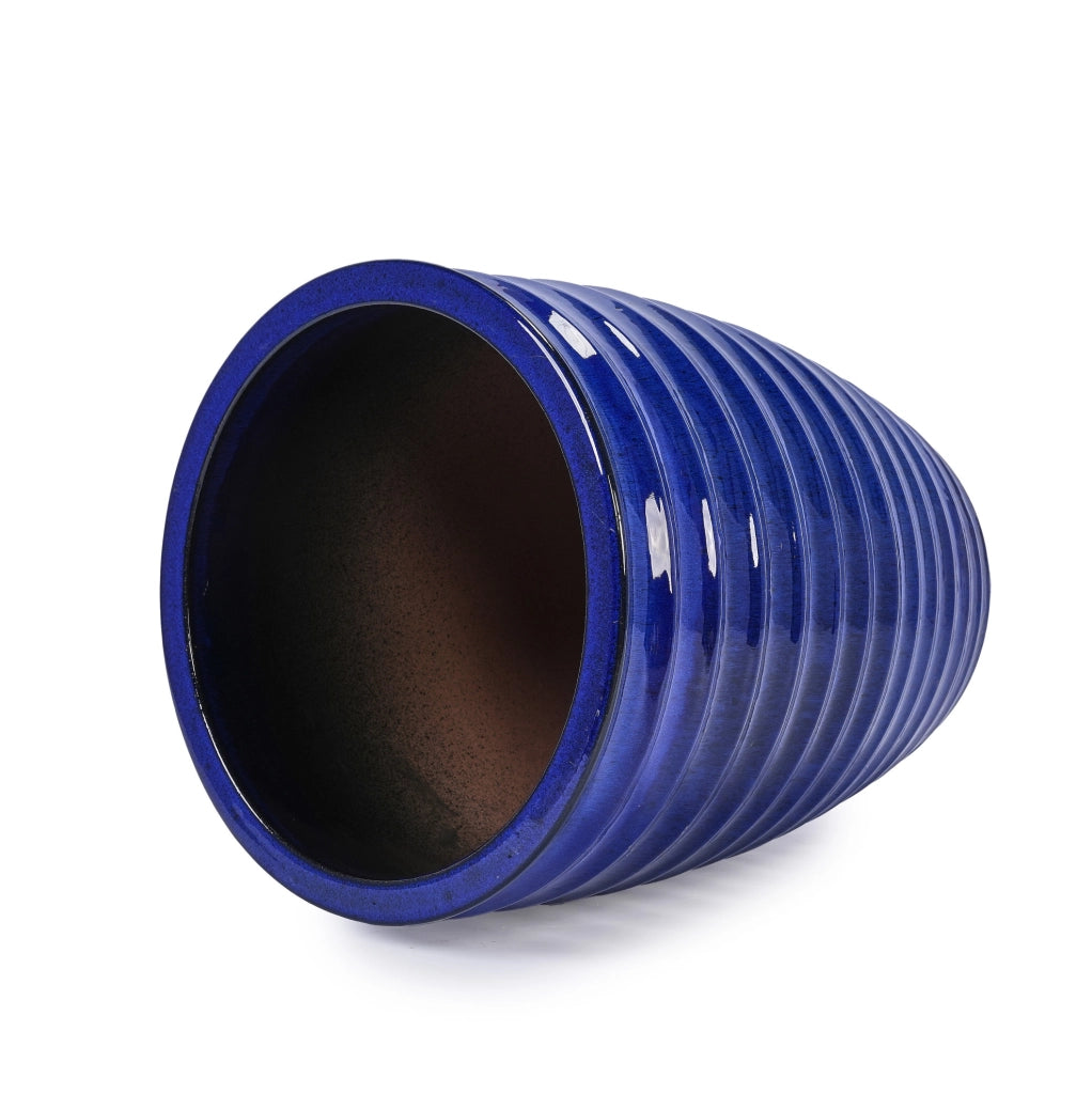 Grande Vaso da Fioriera in Ceramica Artigianale, Ø 42 cm × 54 cm, Blu Reale Lucido con Texture a Righe, Traspirante e Resistente al Gelo con Fori di Drenaggio