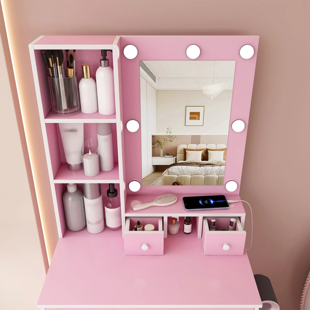Toeletta rosa con specchio LED a 3 tonalità; presa integrata; supporto asciugacapelli; cassetti e sgabello imbottito in MDF