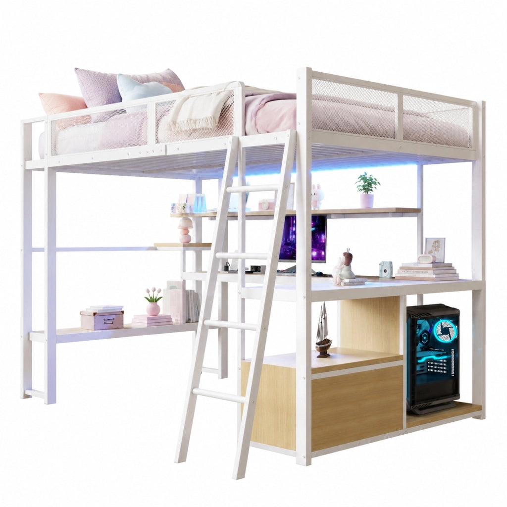 Letto a soppalco 140 × 200 cm con scrivania; LED; stazione di ricarica; scaffali e armadio in metallo e MDF bianco