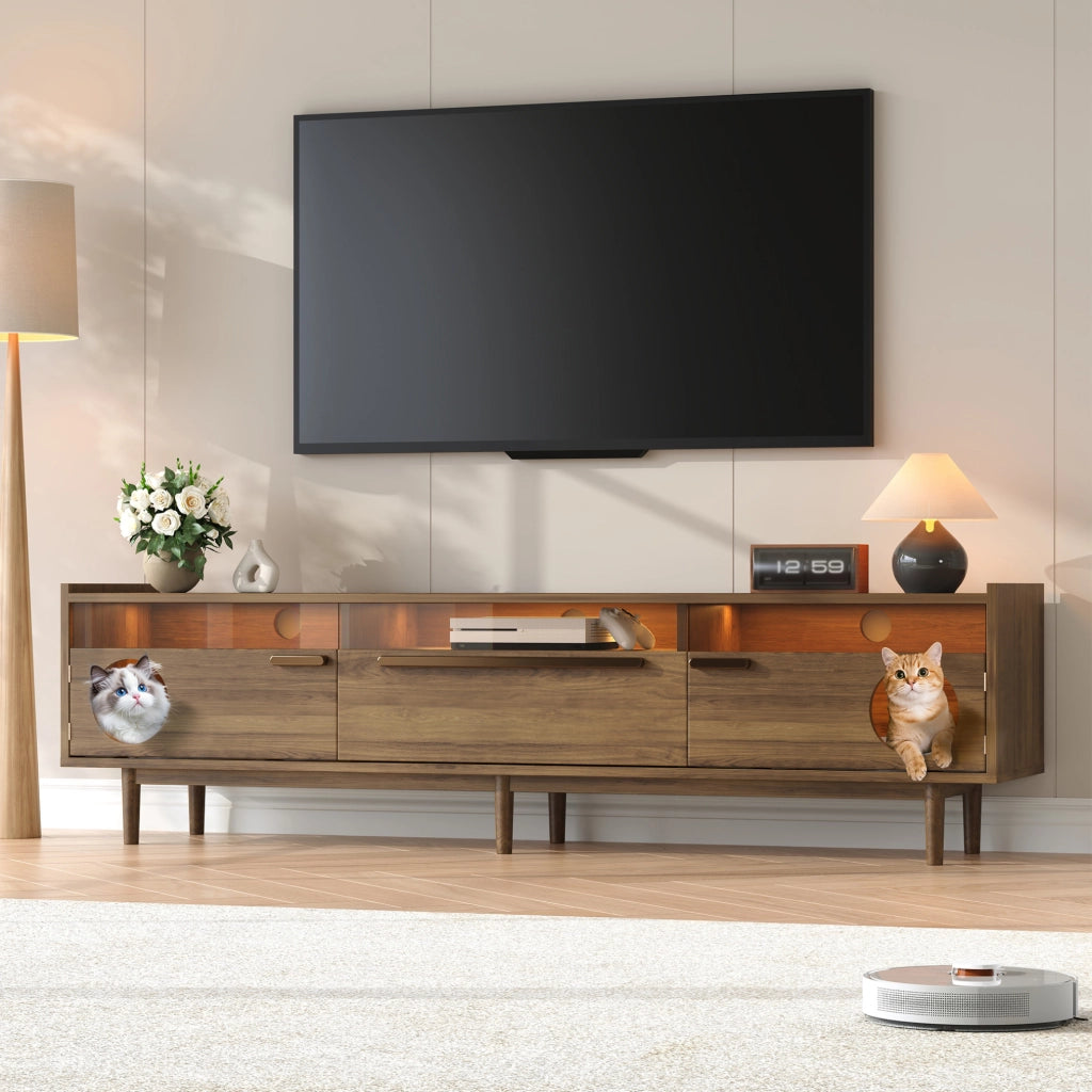 Mobile TV con vano per gatti e LED, noce, 180×40×50 cm