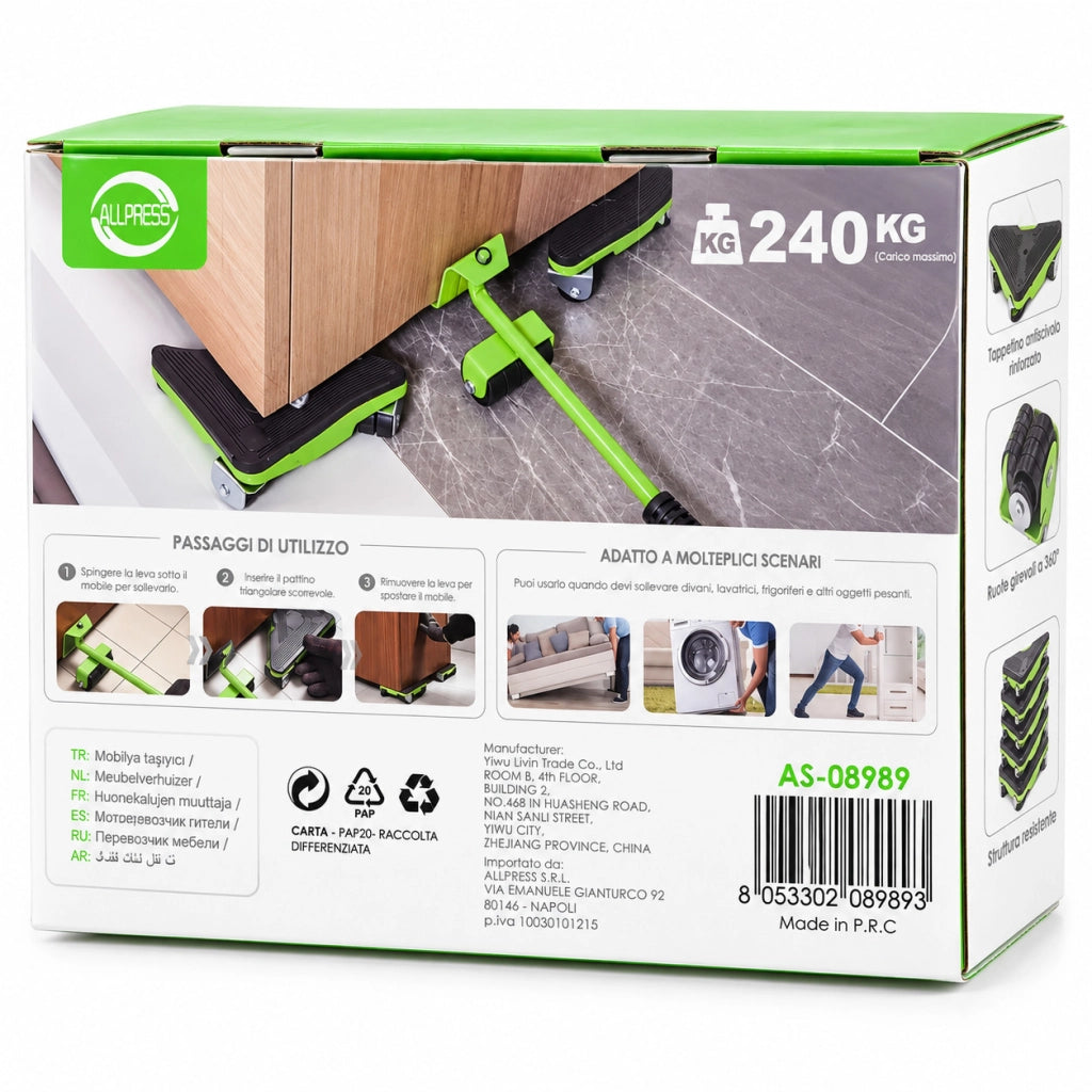 TRASPORTATORE MOBILI 240KG 4 CARRELLI LEVA RUOTE SOLLEVA LAVATRICE FRIGO 08989