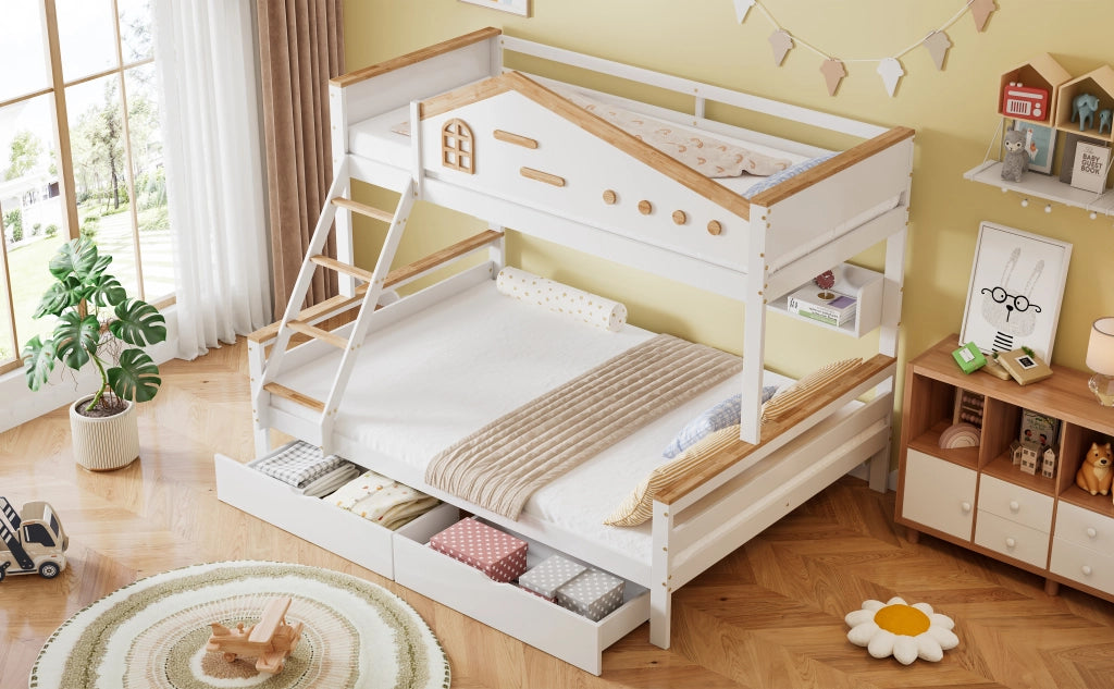 Letto a castello per bambini in pino e MDF bianco e naturale con due cassetti; finestrella e scaletta; 90x200 e 140x200 cm
