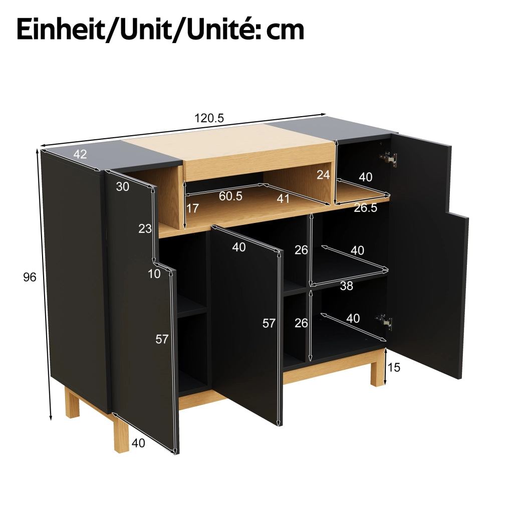 Credenza con tre ante 120;5 cm con vano centrale aperto; pannello truciolare; nera effetto legno