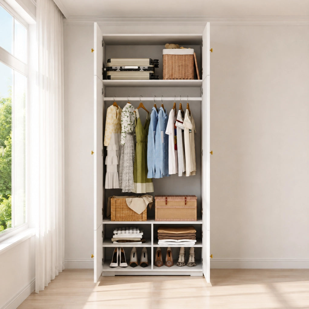 Armadio 90x50x200 cm con barra appendiabiti e 5 vani in truciolare bianco