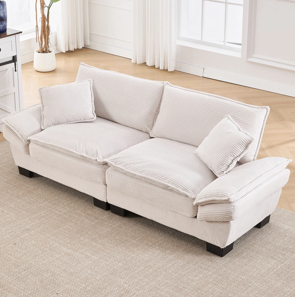 Divano a due posti in velluto beige con struttura in legno e gambe in plastica, 224x81x81 cm