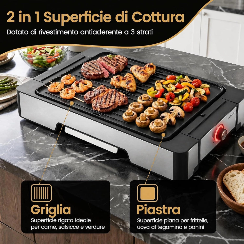 Griglia Barbecue Elettrica, 2300W Piastra Grill Elettrica
con Piastra a 2 Zone, Temperatura Regolabile e Vassoio Raccogli-grasso, Antiaderente con Pinza per BBQ e Campeggio, 53x31cm