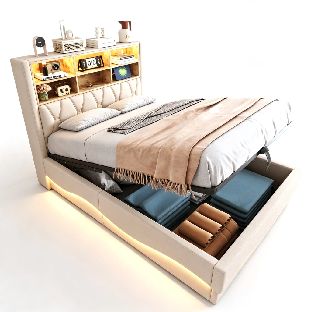 Letto imbottito 140x200 cm con contenitore idraulico, illuminazione LED controllata via app, struttura metallica e rivestimento in lino beige