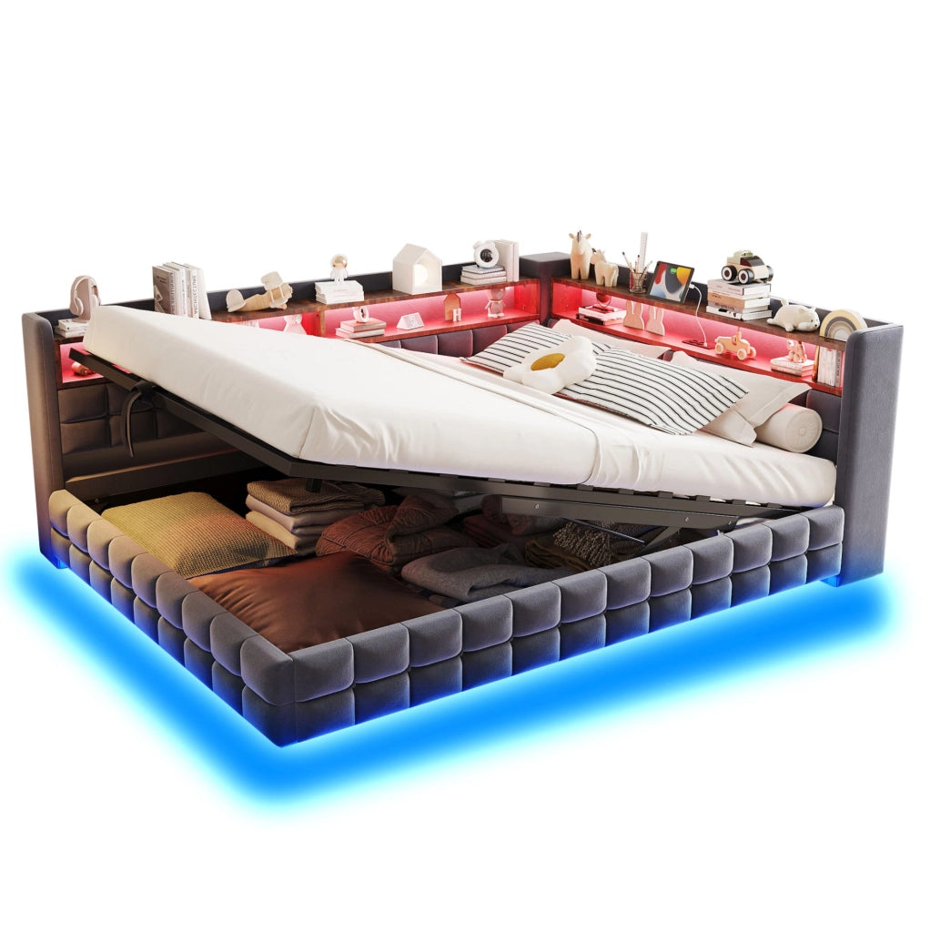 Divano letto imbottito con contenitore; LED; prese USB e Type-C; 140x200 cm; grigio